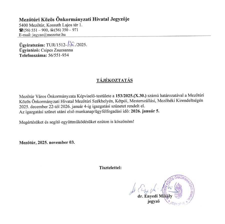 Igazgatási szünet tájékoztató 2025.